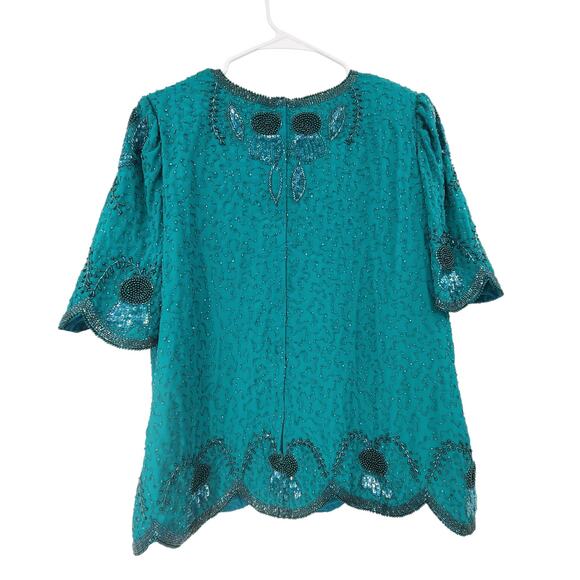 VINTAGE CREATIVE TOUCH FULLY BEADED SCALLOP HEM FLAPPER SHORT SLEEVE BLOUSE - Picture 2 of 6